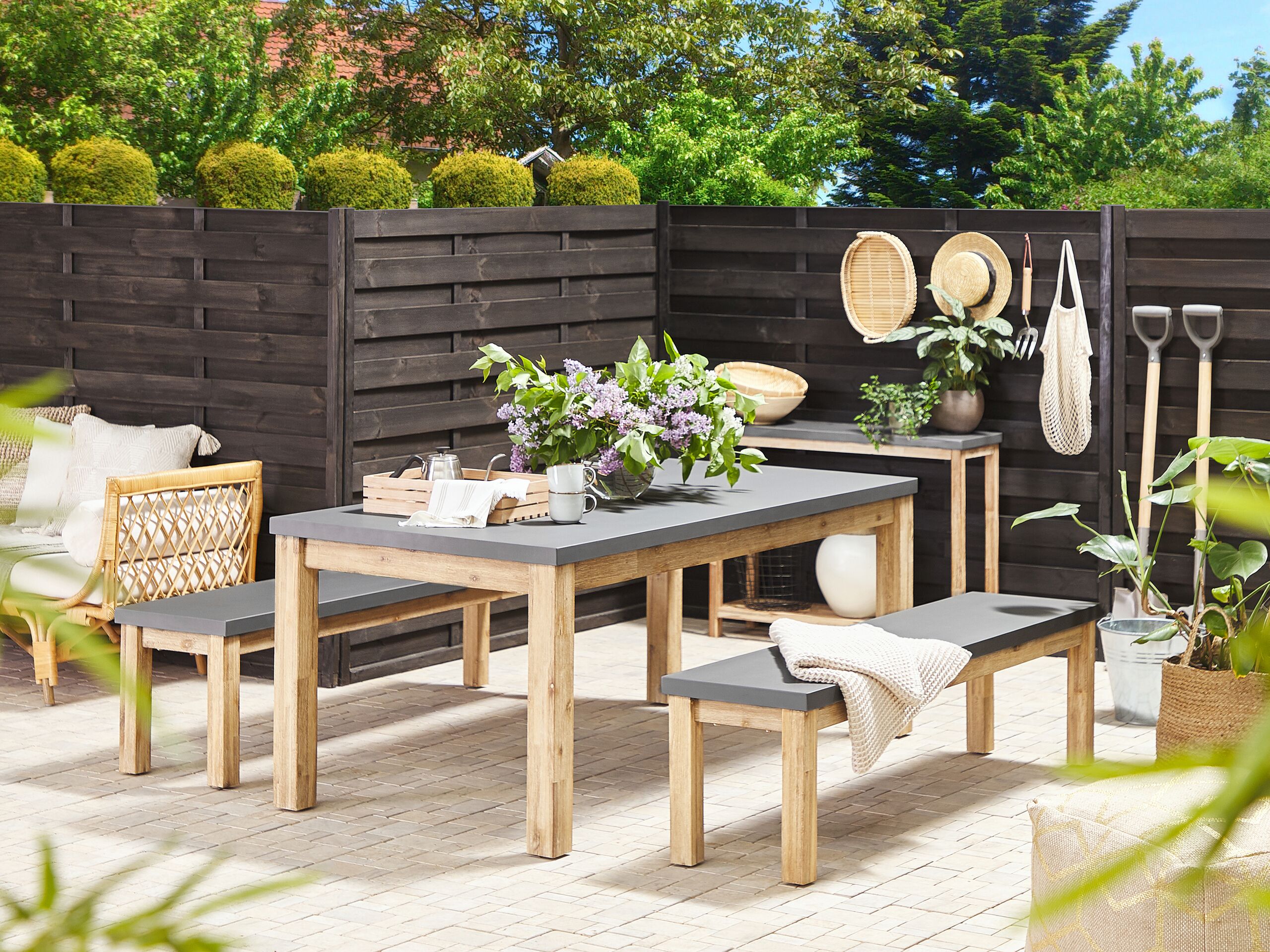 Conjunto de refeição de jardim com bancos 6 lugares ostuni betão cinzento
