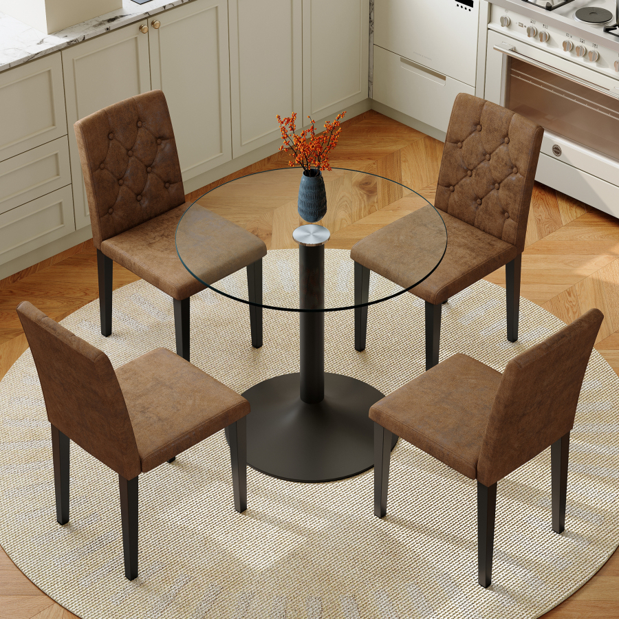 Conjunto mesa e cadeiras jantar vidro redonda 85cm 4 cadeiras castanhas