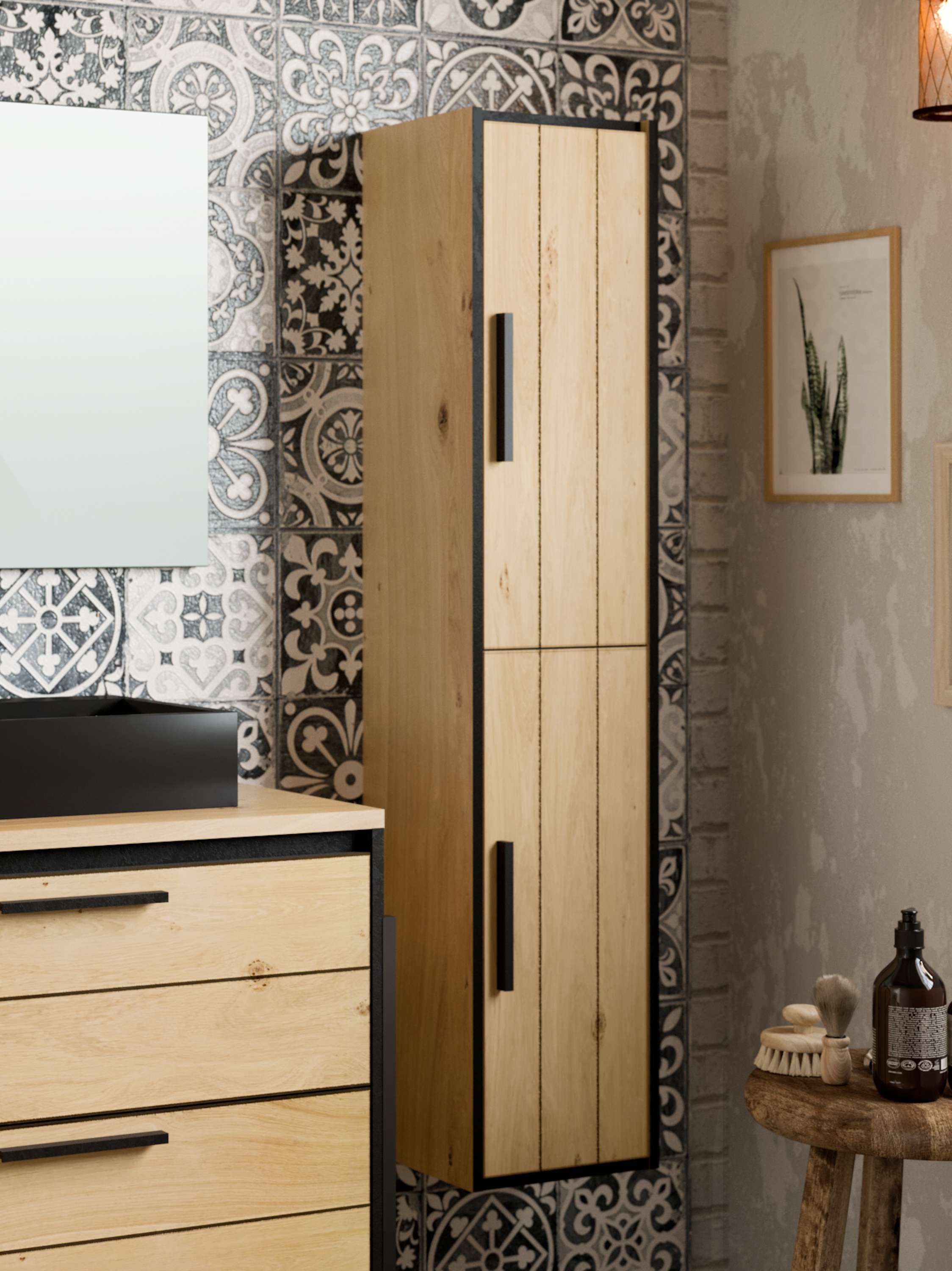 Coluna da casa de banho anais 2 portas 140x30x25 cm carvalho e preto t-bath