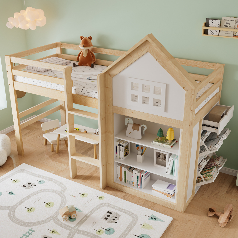 Cama alta infantil 90x200cm com arrumação madeira branco e natural