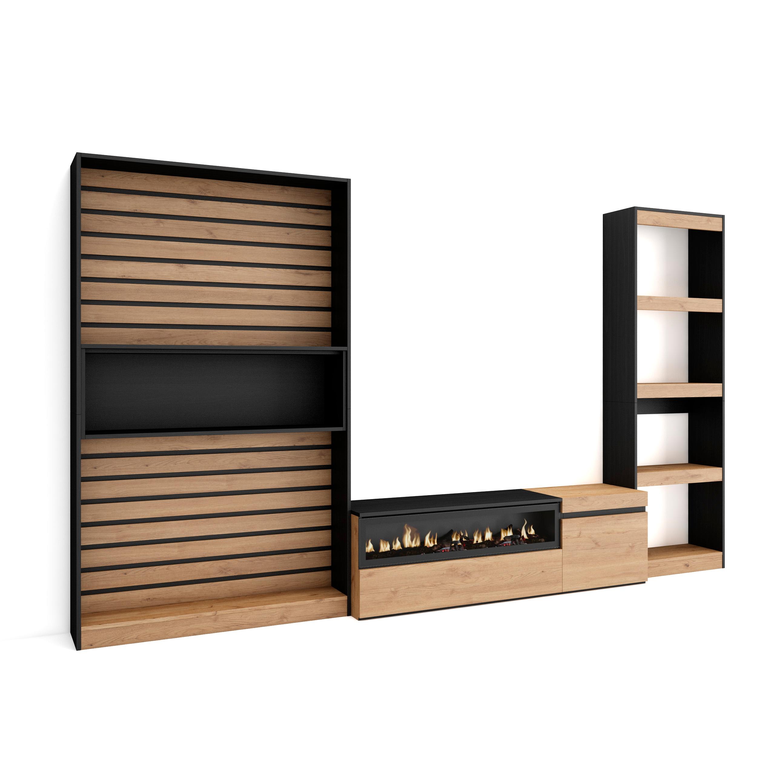 Móveis tv, 320x35x186cm, carvalho e preto, lareira eléctrica rf2593
