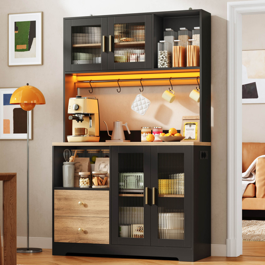 Armario alto de cozinha com vitrine preto 178x110x40cm