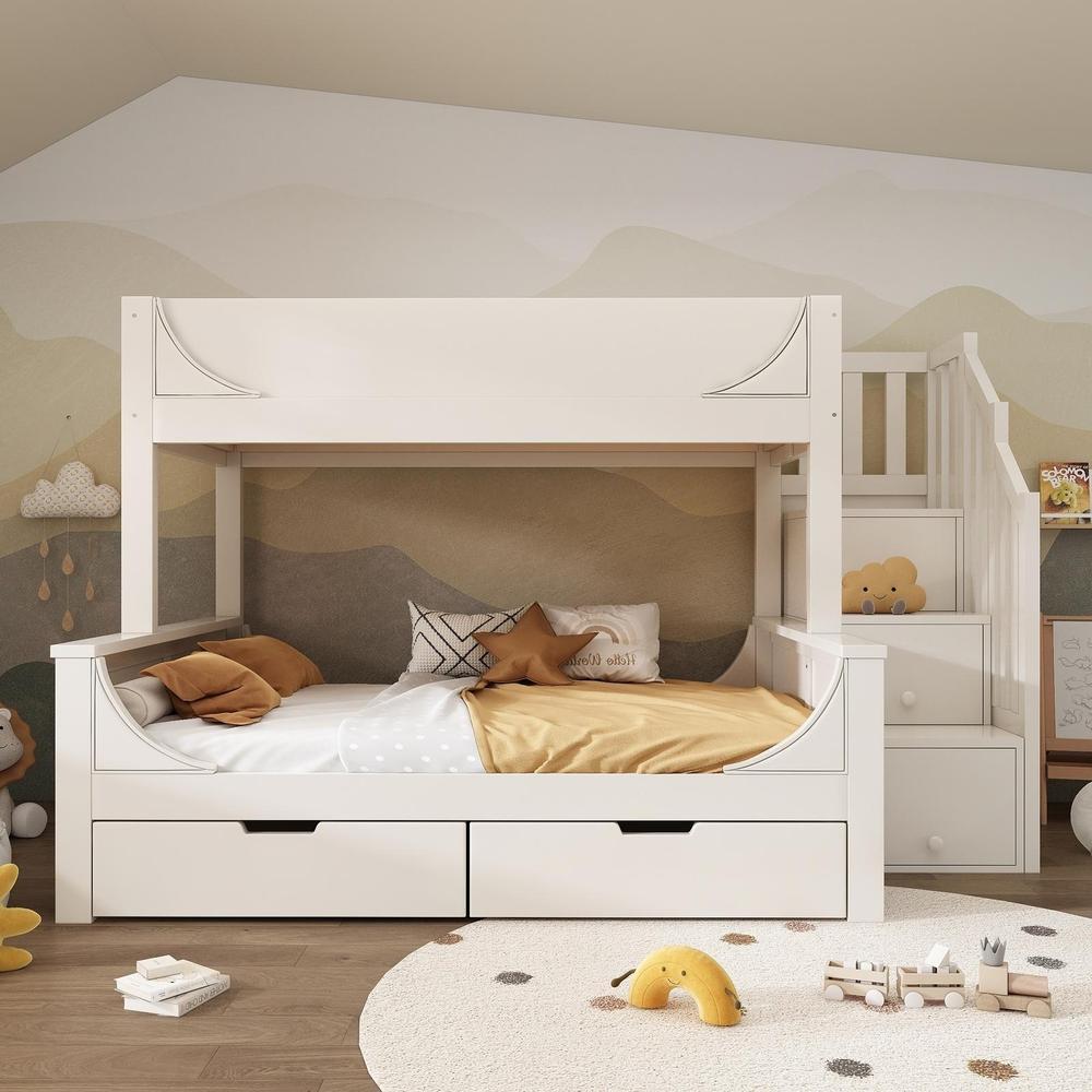 Beliche infantil 90x200/140x200cm com armário, gavetas e escada branca