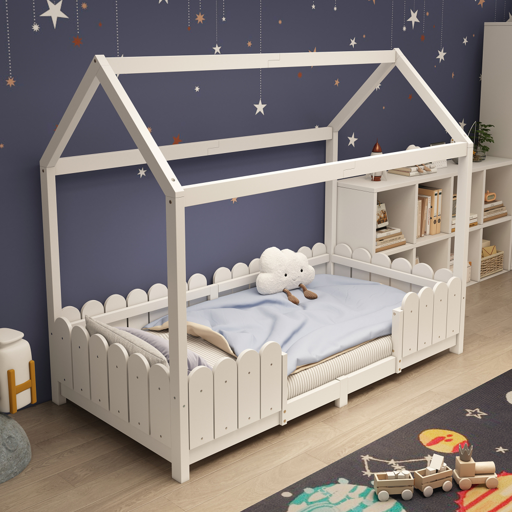 Cama casinha 90x200cm com grade de proteção madeira branco sem colchão