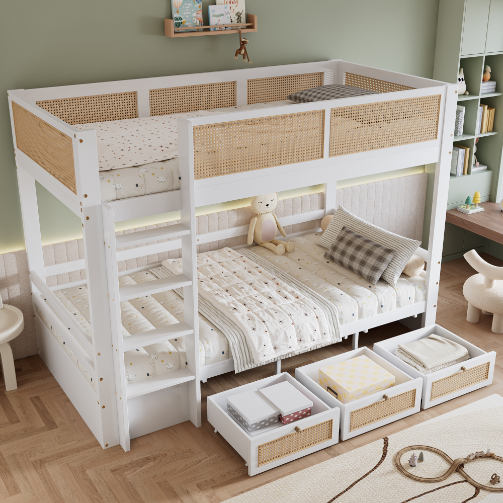 Beliche infantil 90x200cm com 3 gavetas madeira – branco natural