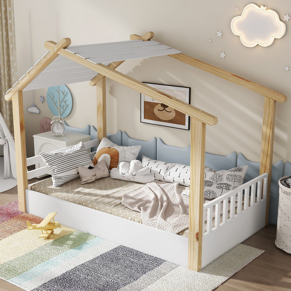 Cama casinha infantil 90x200cm em madeira branco e natural