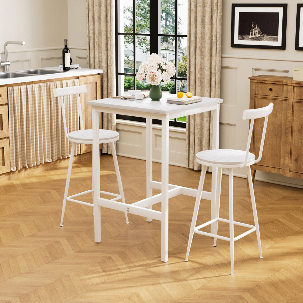 Conjunto mesa alta e bancos branco estrutura aço 2 lugares 60x60x92cm