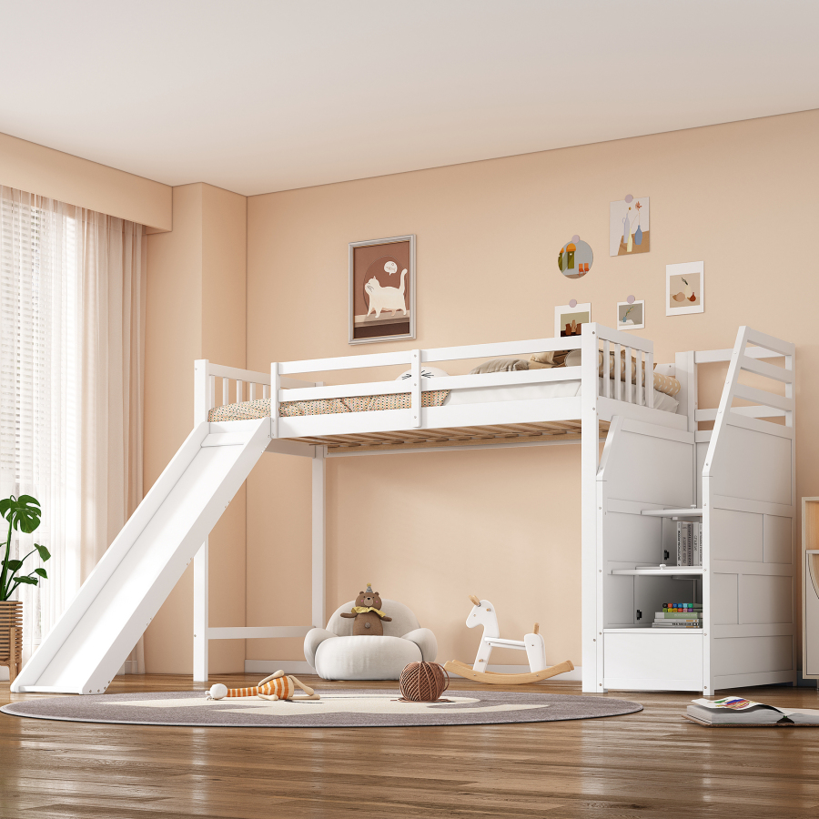 Cama infantil 90x200cm com escorrega e arrumação madeira – branco