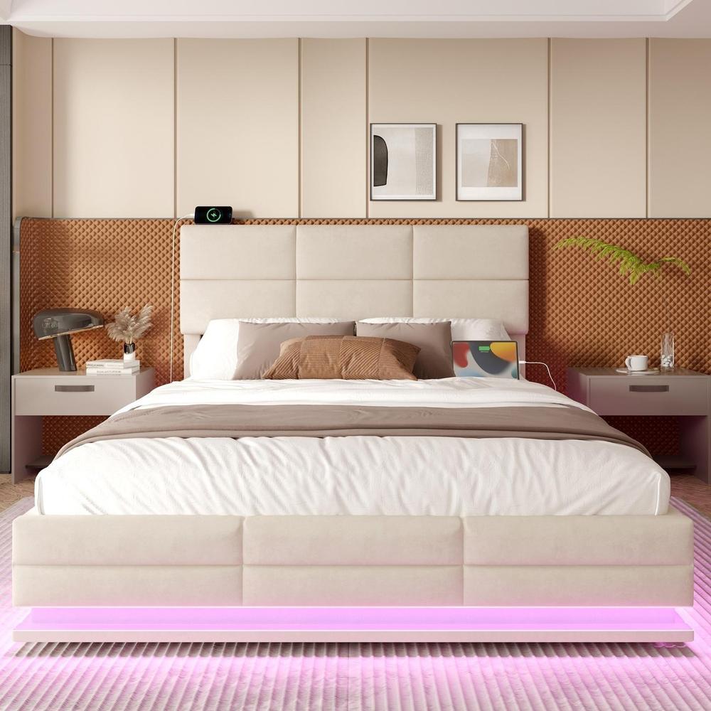 Cama estofada em veludo 140x200cm com LED, usb-c e baú bege