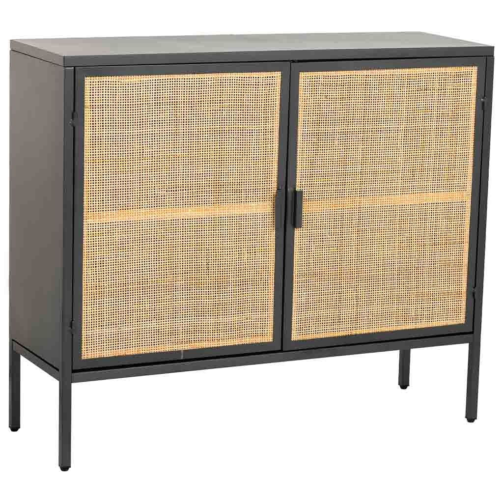 Aparador de metal e madeira com 2 portas, preto, medidas 32x100x85cm