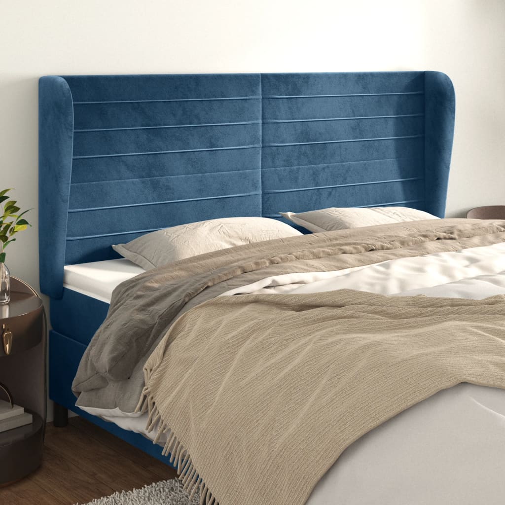 Cabeceira cama c/ abas veludo 203x23x118/128 cm azul-escuro ptob3419
