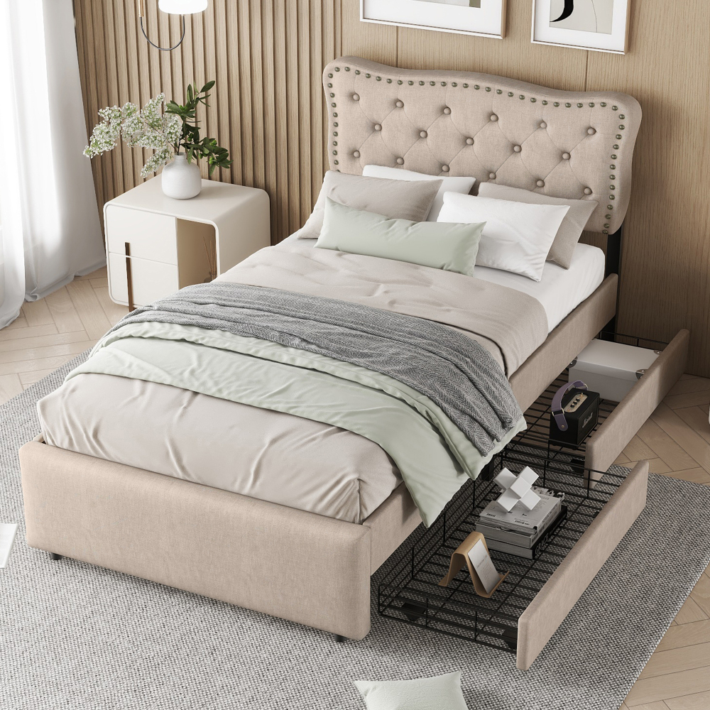 Cama estofada 90x200cm com duas gavetas mdf e linho – bege acastanhado