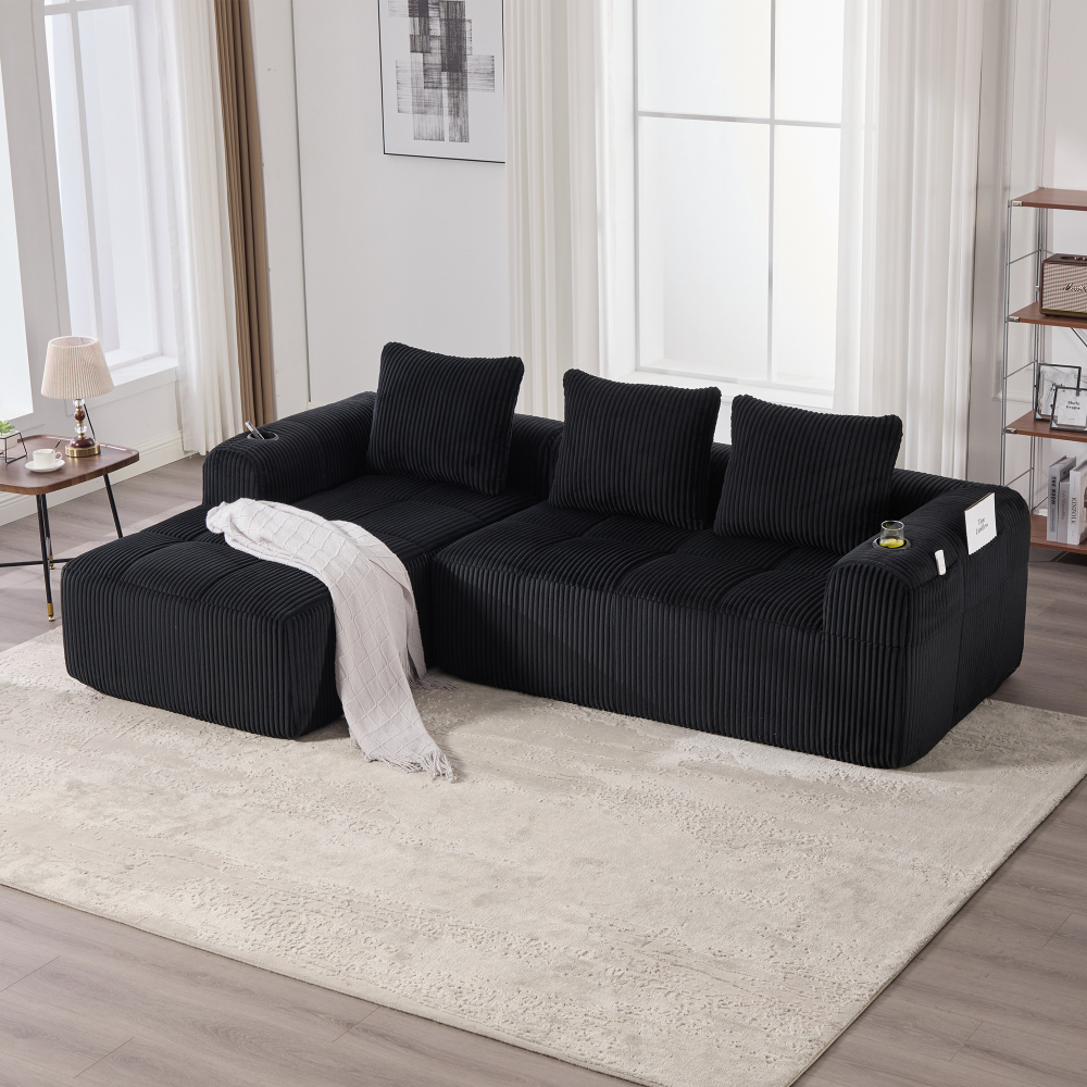 Sofá modular em bombazina preto 4 lugares com bolsos laterais e porta-copos