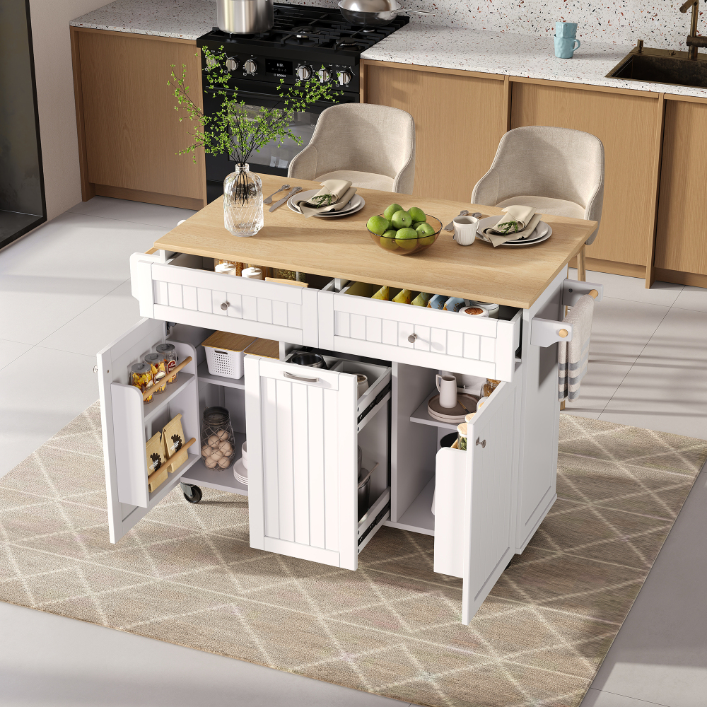 Ilha de cozinha com rodas e tampo extensível em mdf branco e natural