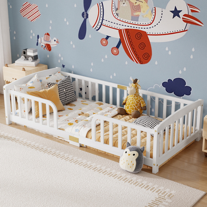 Cama infantil 90x200cm com grade central pinho – branco