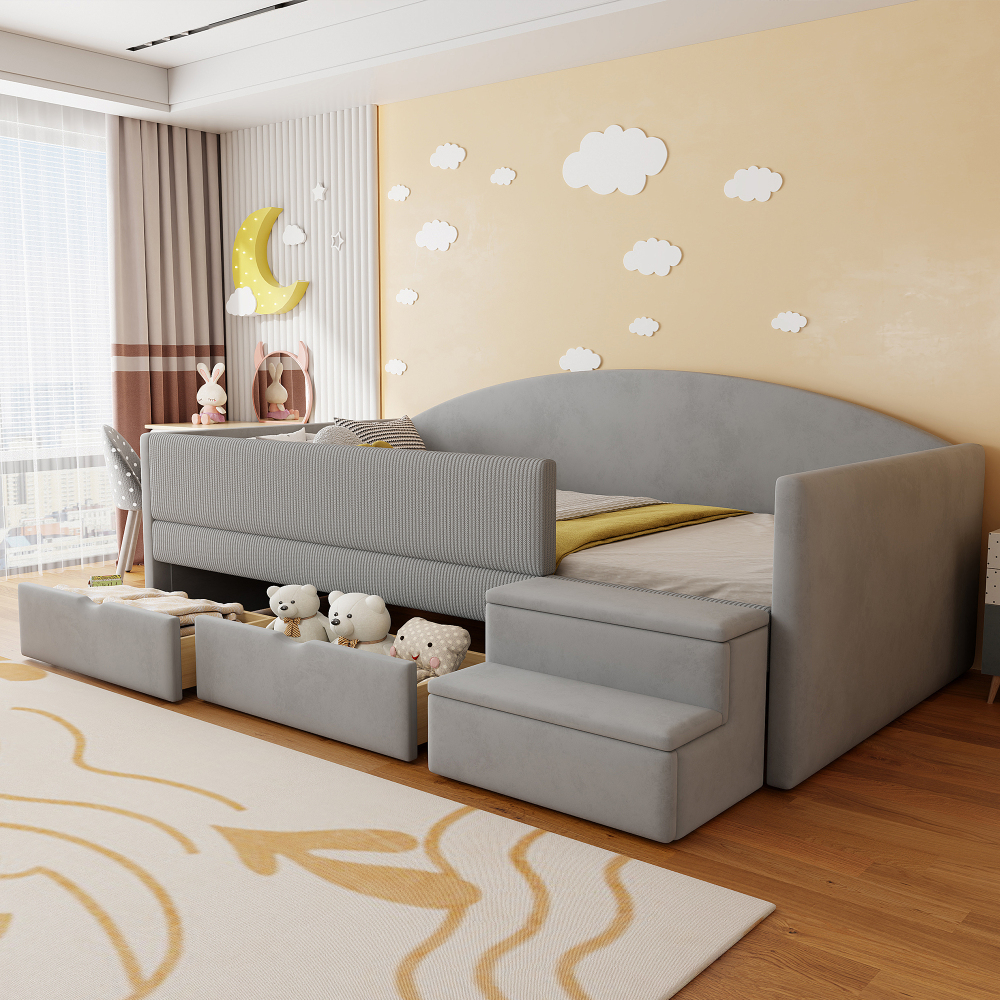 Cama infantil estofada 90x190cm veludo cinzento claro 2 gavetas degraus