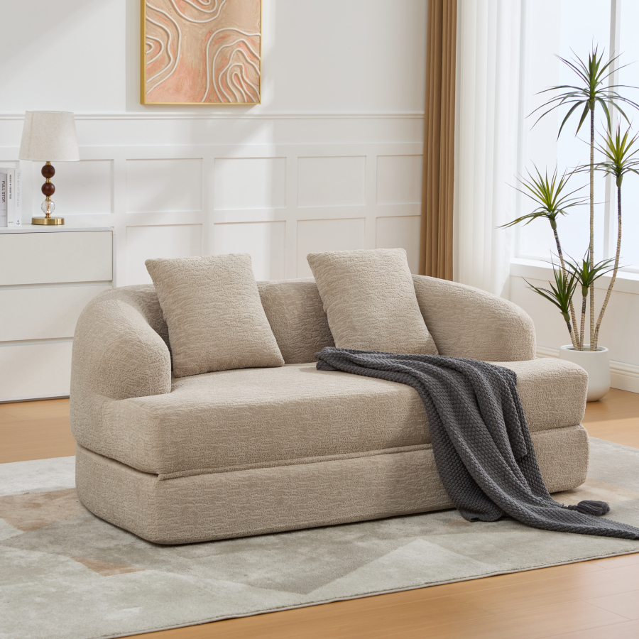 Sofá-cama 2 lugares em chenille khaki com almofadas