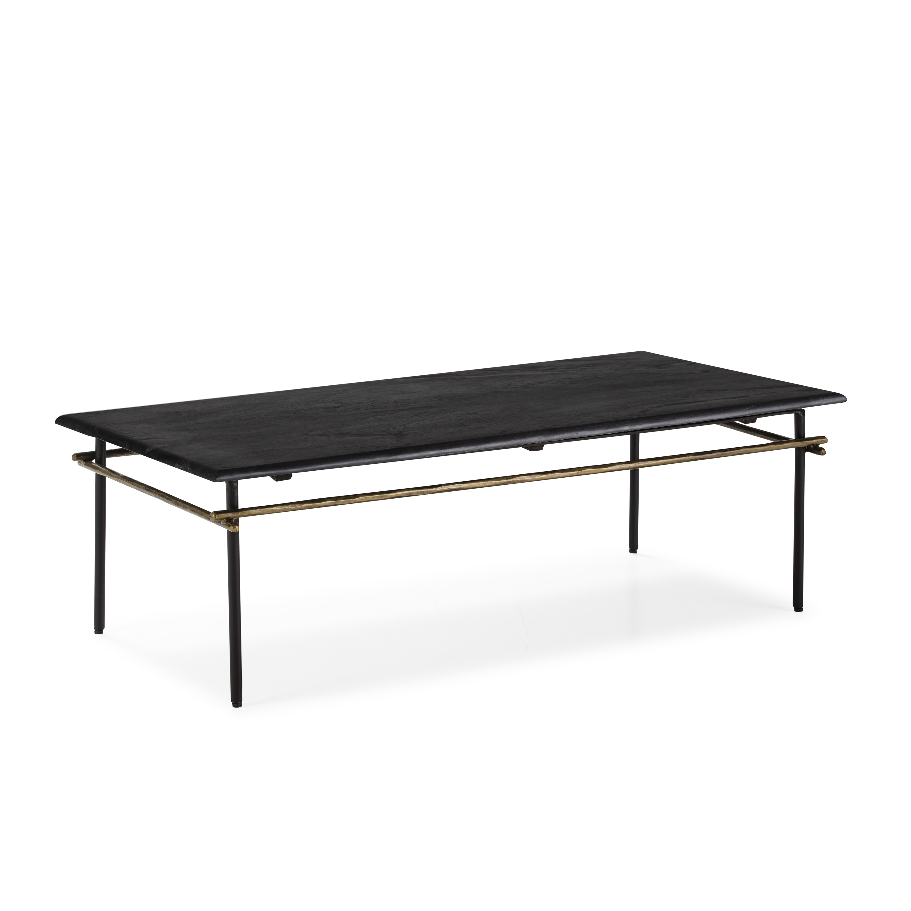 Mesa de centro 122x61x37 em mármore preto, ferro dourado antigo, preta