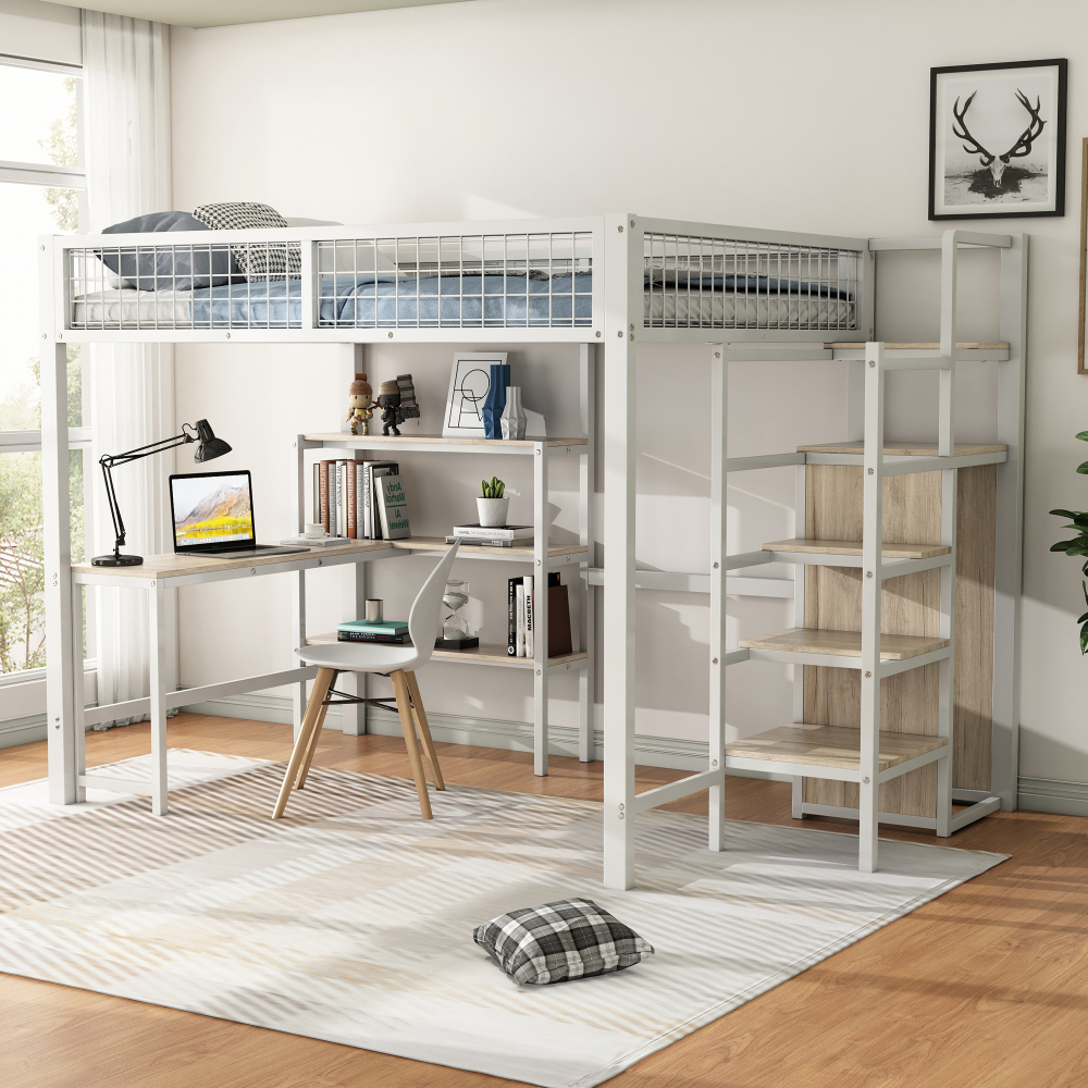Cama alta 140x200cm com secretária arrumação mdf metal – branco
