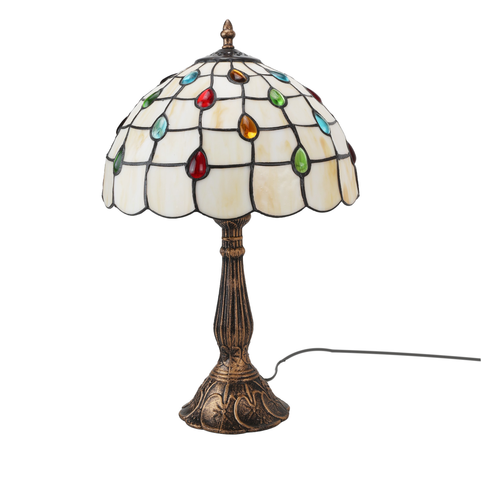 Luminária de mesa – tiffany retrô com vitrais barrocos brancos e base