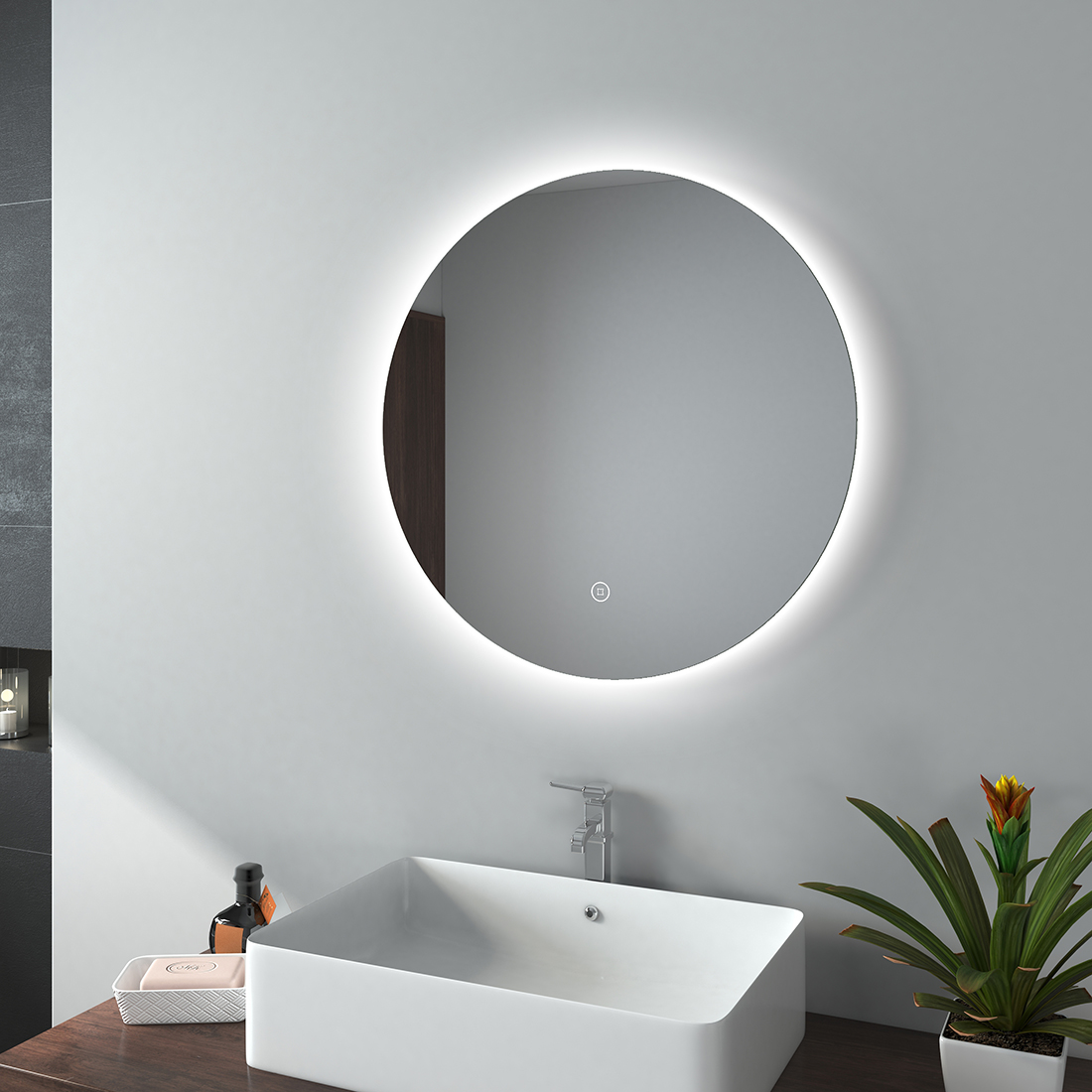 Emke espelho LED redondo 60cm, 3 tons de luz, tátil e regulável
