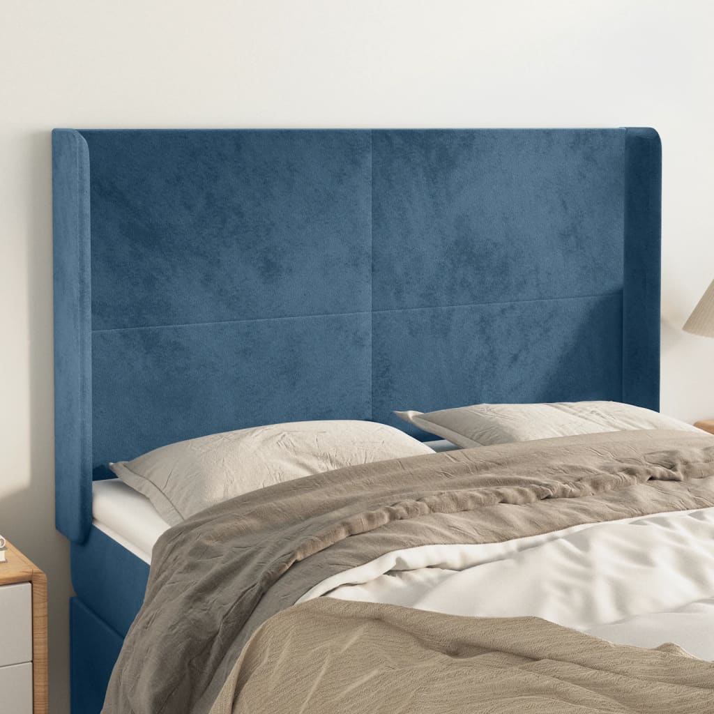 Cabeceira cama c/ abas veludo 147x16x118/128 cm azul-escuro ptob2860