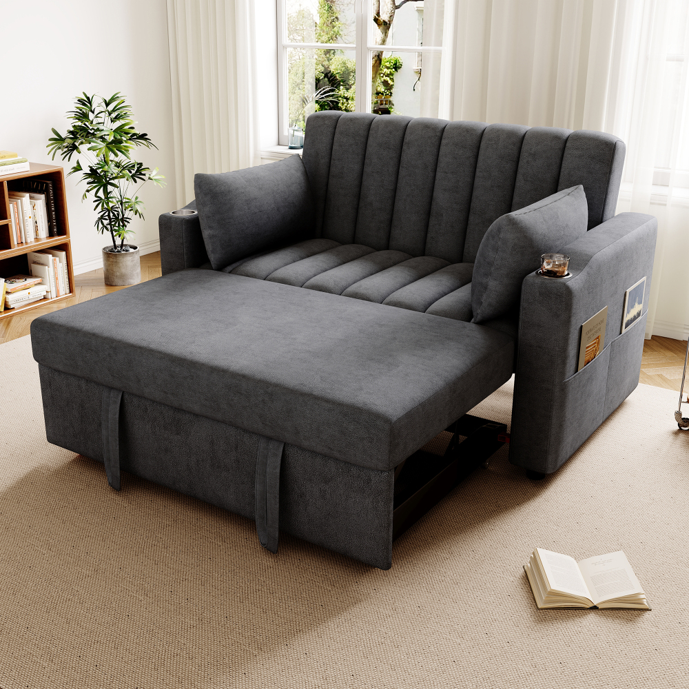 Sofá cama 2 lugares cinzento com encosto ajustável e porta copos