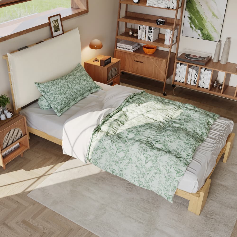 Cama estofada individual 90x200cm com encosto acolchoado madeira natural