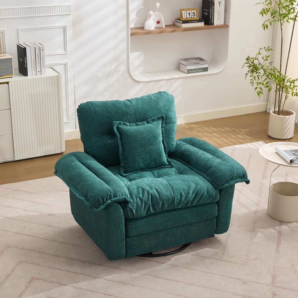 Poltrona giratória 360 em chenille verde com almofada de apoio