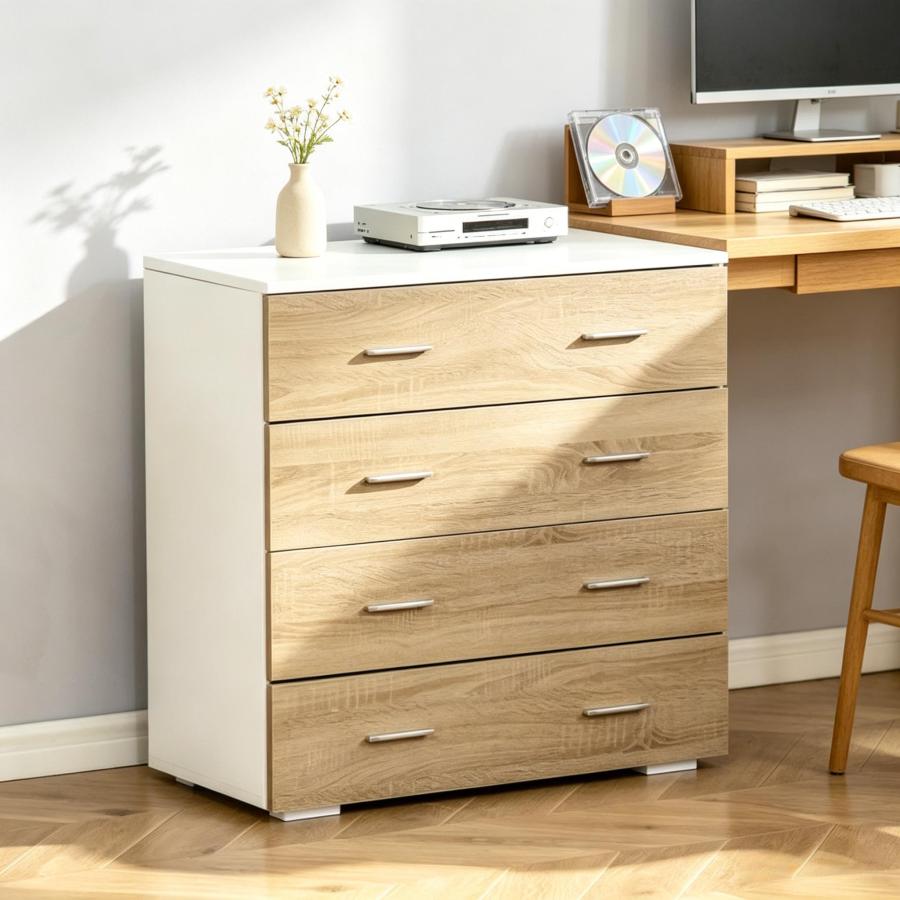 Cômoda com 4 gavetas branco e madeira 72x76x35cm