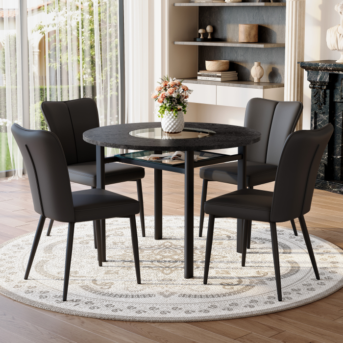 Conjunto mesa de jantar redonda preto 4 lugares mdf vidro e pu