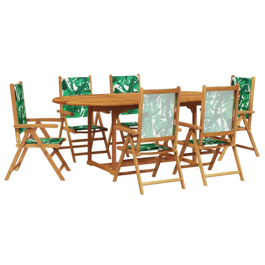 vidaXL set de comedor jardín 7 pzas tela madera maciza estampado hojas