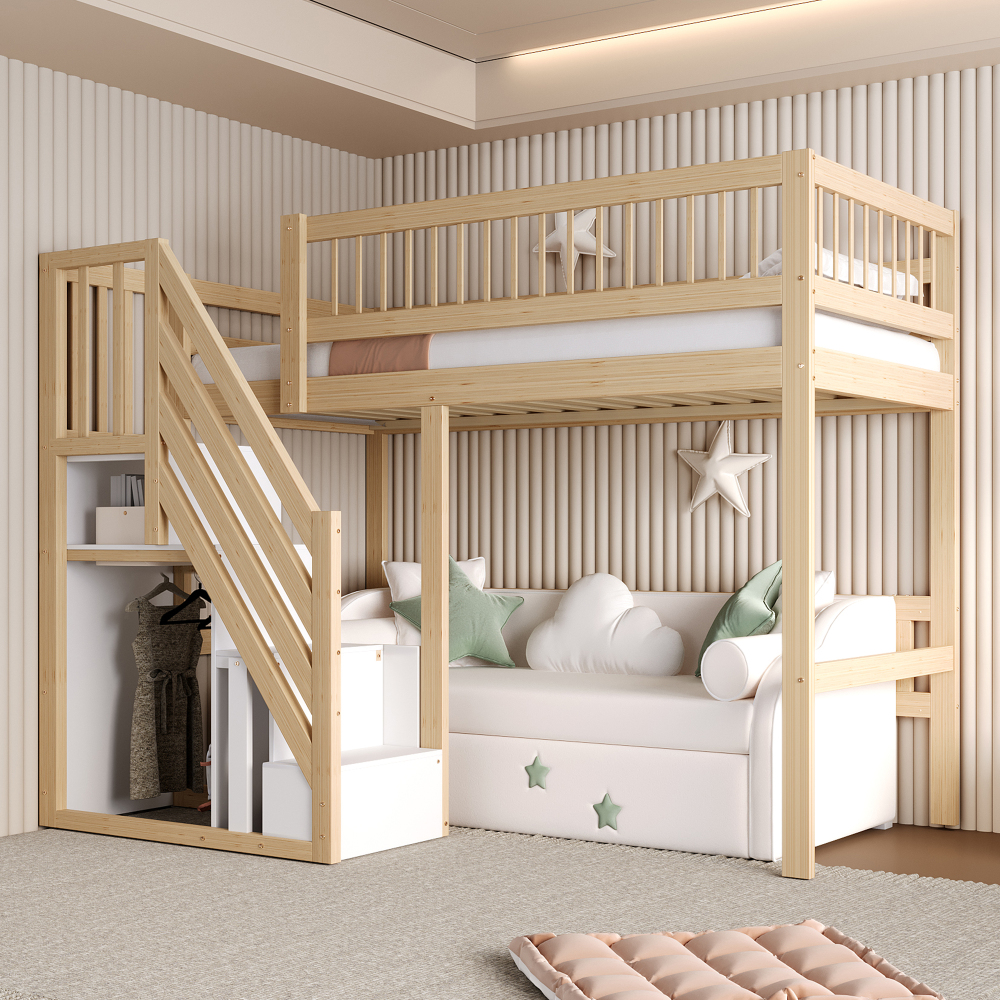 Cama infantil 90x200 cm com escada e arrumação madeira natural