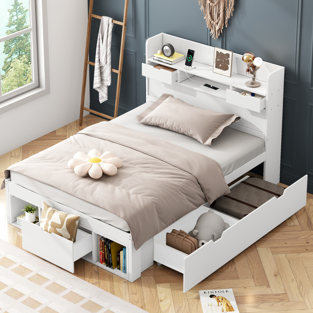 Cama individual 90x200cm com usb e arrumação madeira de pinheiro branca