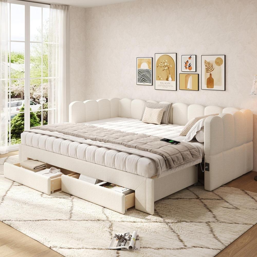 Sofá cama extensível 180cm com arrumação e 2 gavetas 90x200cm bege