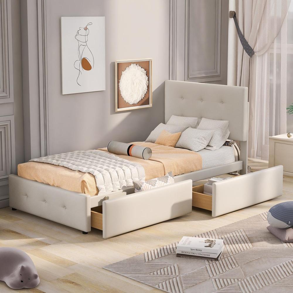 Cama individual 90x200cm com 2 gavetas para criança, bege, sem colchão