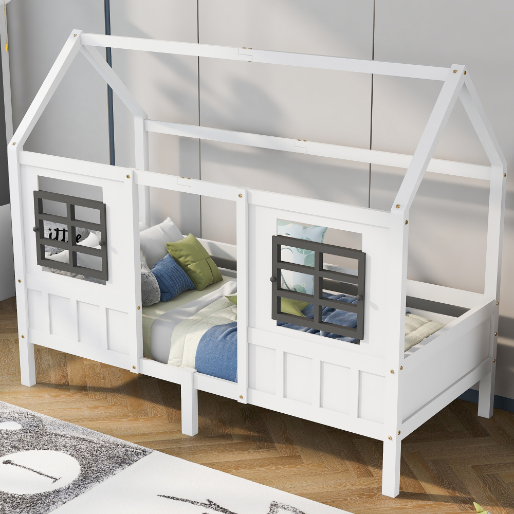 Cama casinha individual 200x90cm com janelas madeira mdf – branco