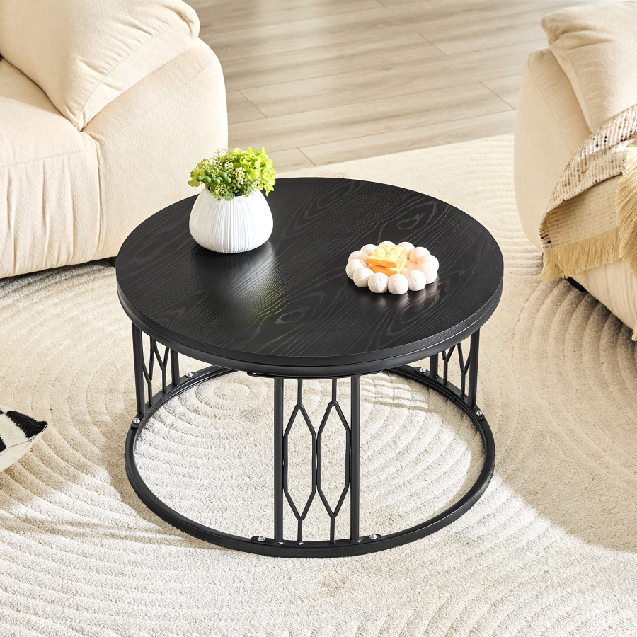 Mesa de centro redonda mdf metal preta 40,5x70cm
