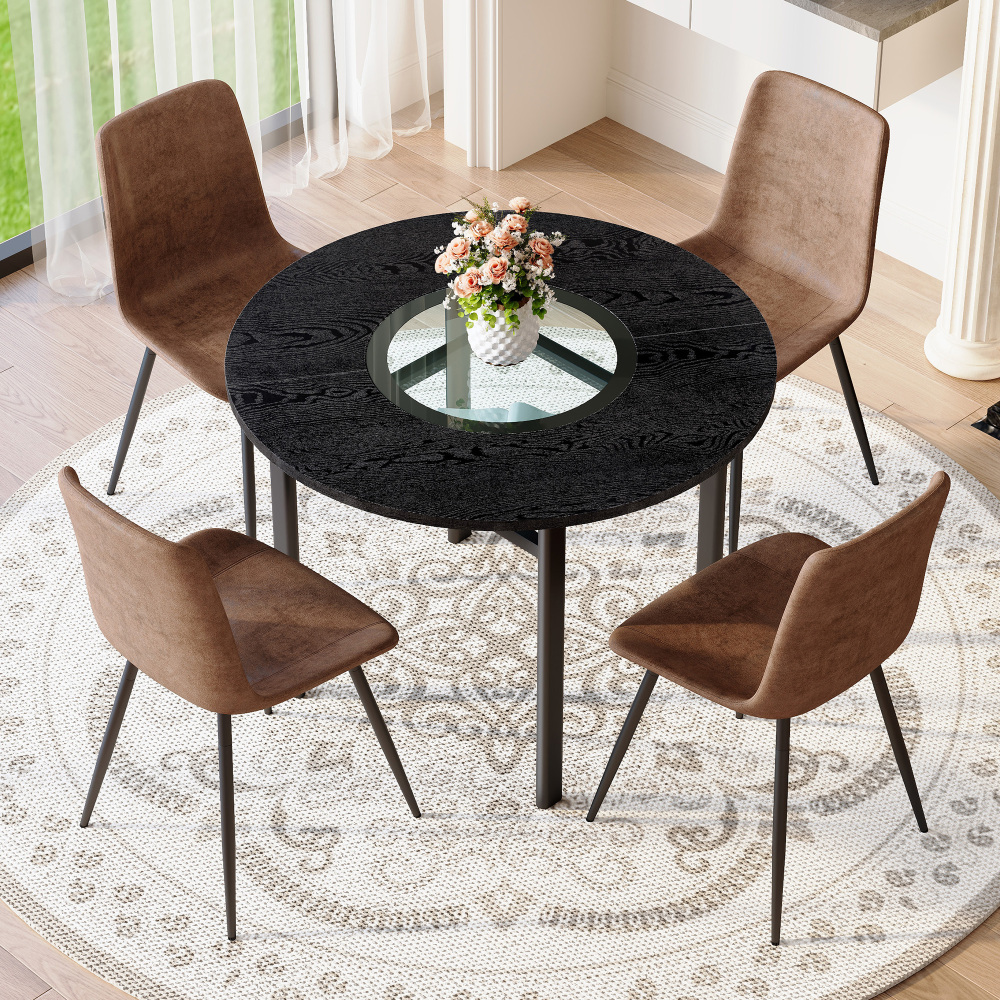 Conjunto mesa redonda 4 cadeiras madeira negra vidro castanho