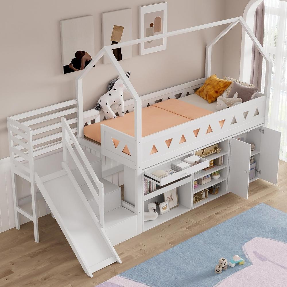 Cama infantil 90x200 cm com escorrega, escada e gavetas, branca