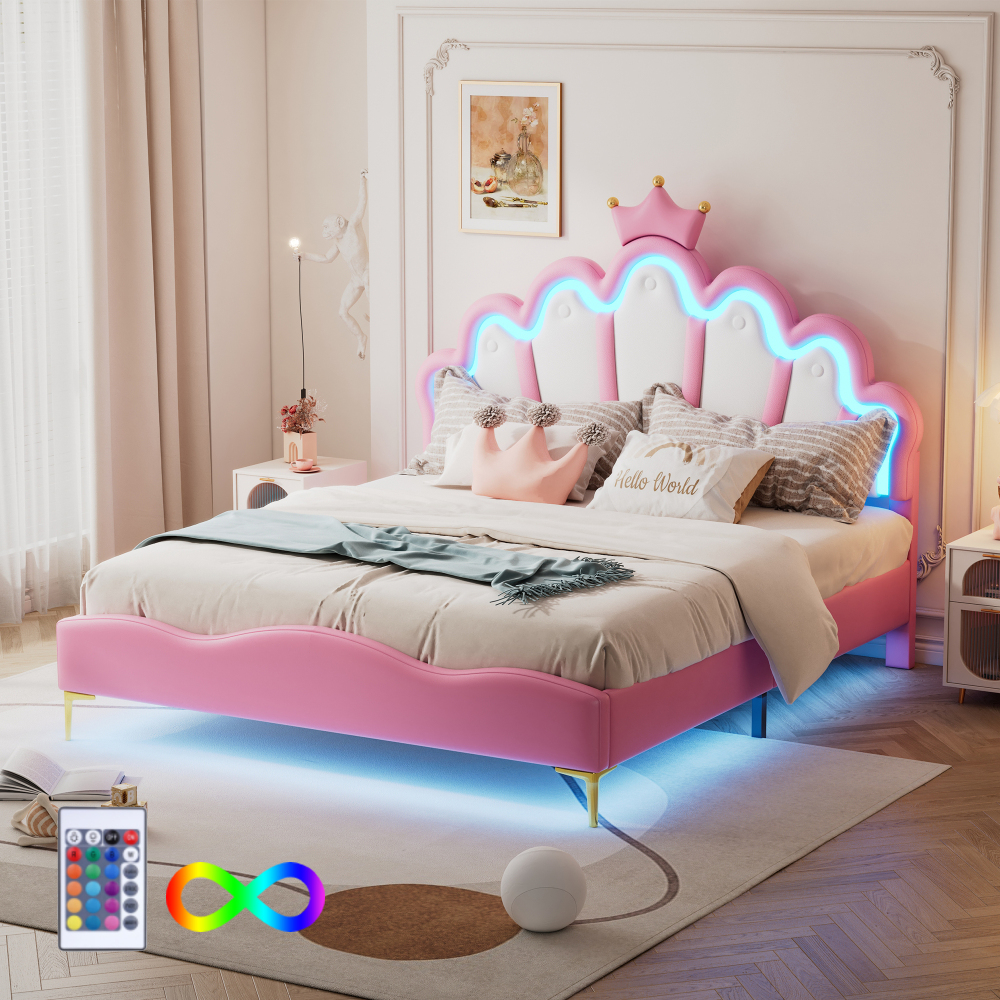 Cama de casal 140x200cm com LED e coroa pu – rosa