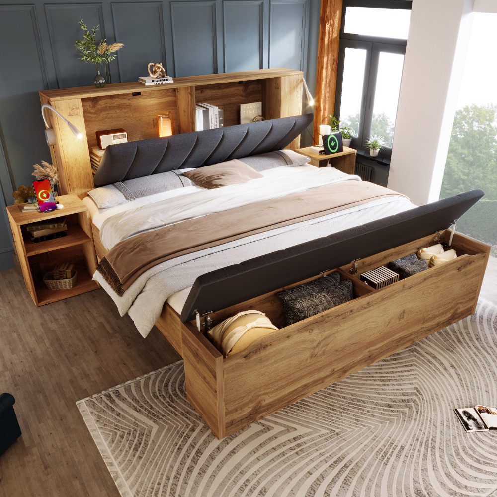 Cama de casal 180x200cm com mesas, banco e usb madeira – cor carvalho