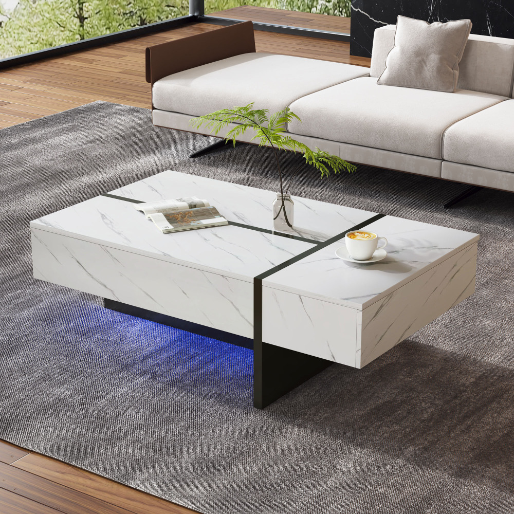 Mesa de centro branca com LED e 3 gavetas 35x105x60cm