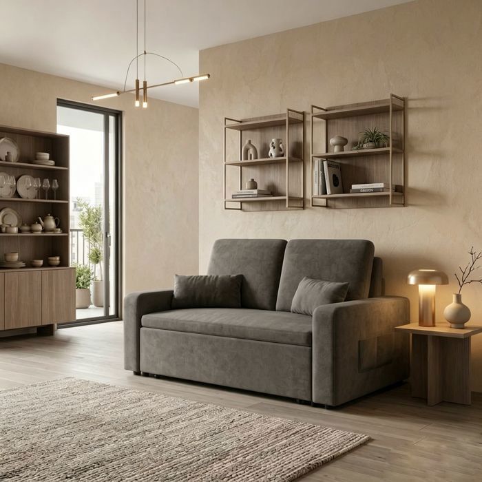 Sofá-cama cinza em chenille de 2 lugares 147 cm