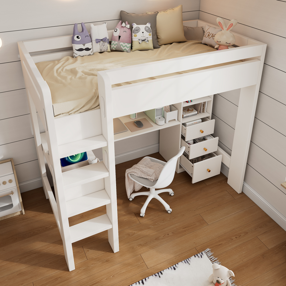 Cama alta 90x200cm com secretária e arrumação madeira – branco