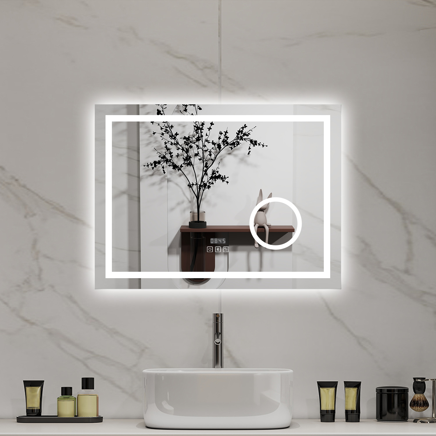 Espelho de banho LED aica de 80 × 60 cm com bluetooth, relógio, lupa 3x