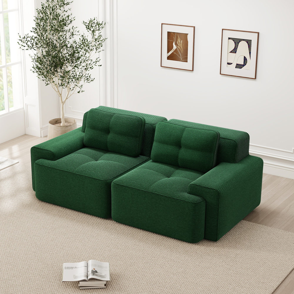 Sofá modular em bombazina verde 3 lugares com assento profundo