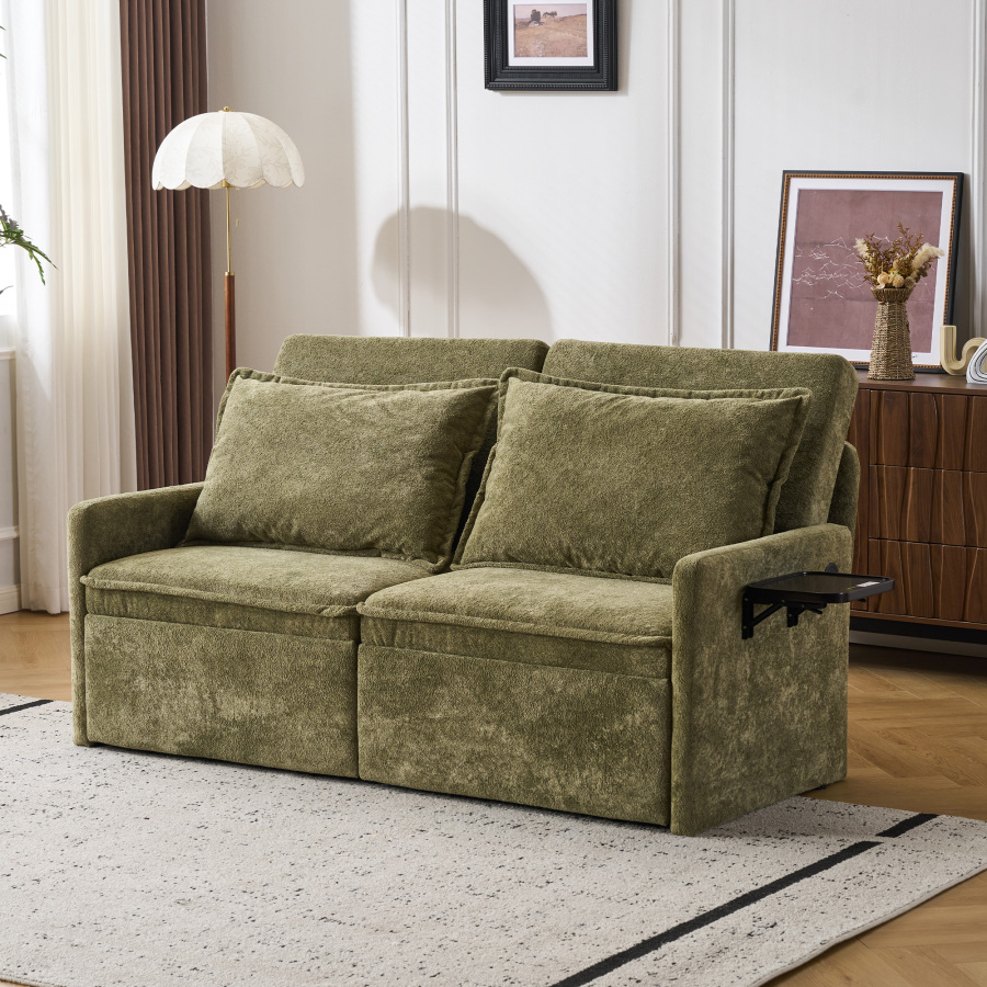 Sofá cama dobrável em chenille verde com arrumação e usb