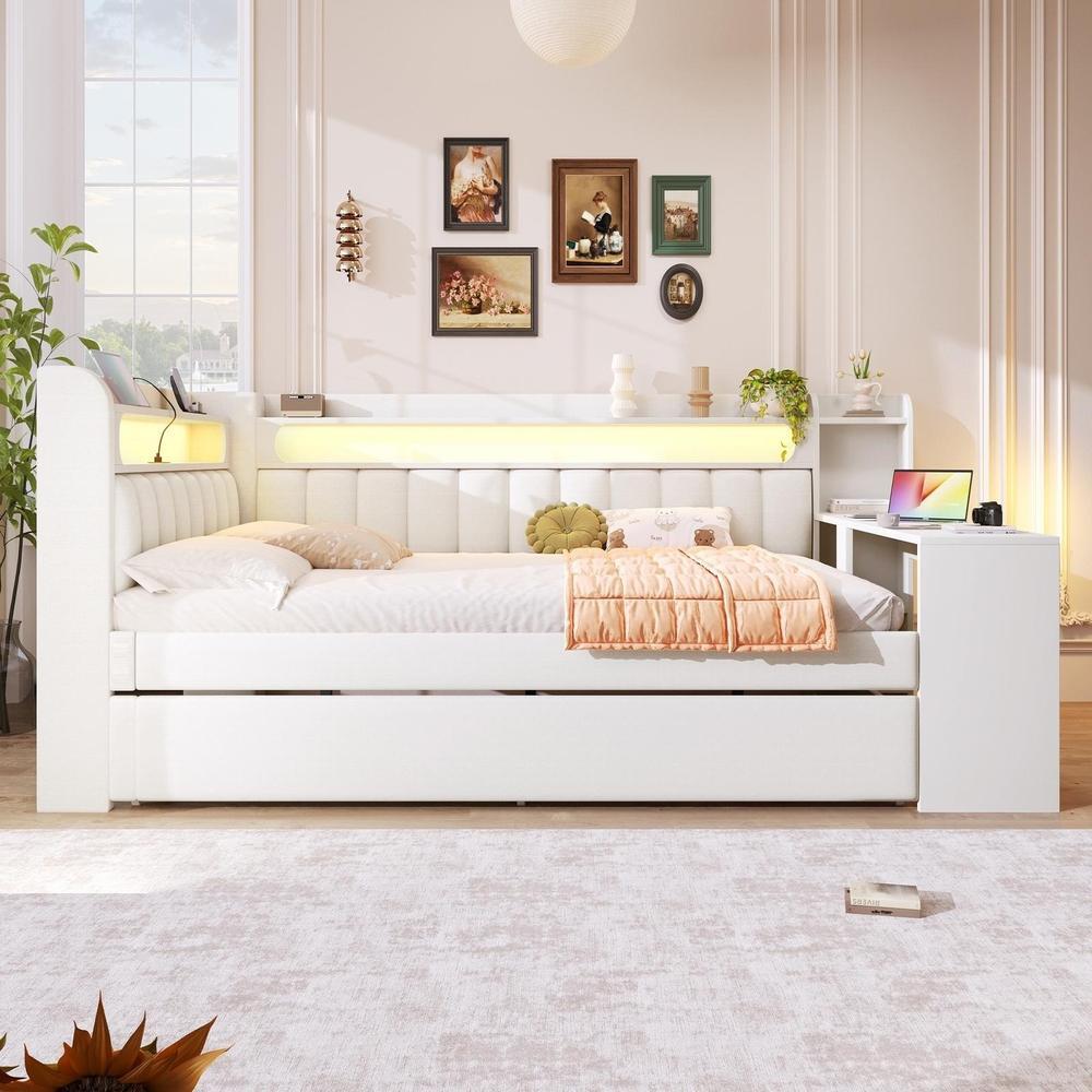 Cama juvenil 140x200 branca com LED, usb, secretária e cama extra