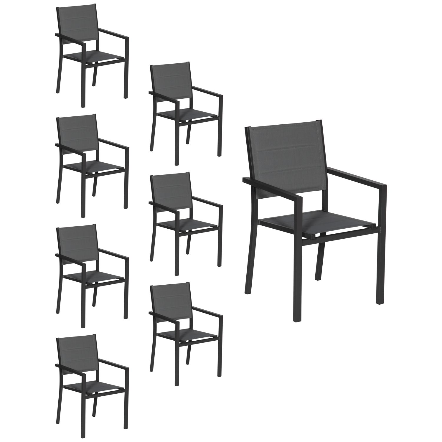 Conjunto de 8 cadeiras estofadas em alumínio antracite - textileno cinzento